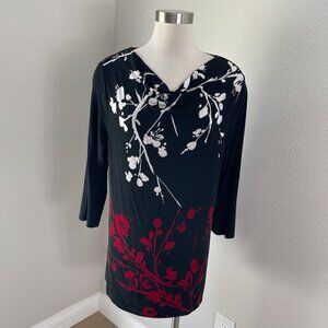 Chicos Travelers Womens Large Black Floral Tunic Top Draped Neck 3/4 Sleeve